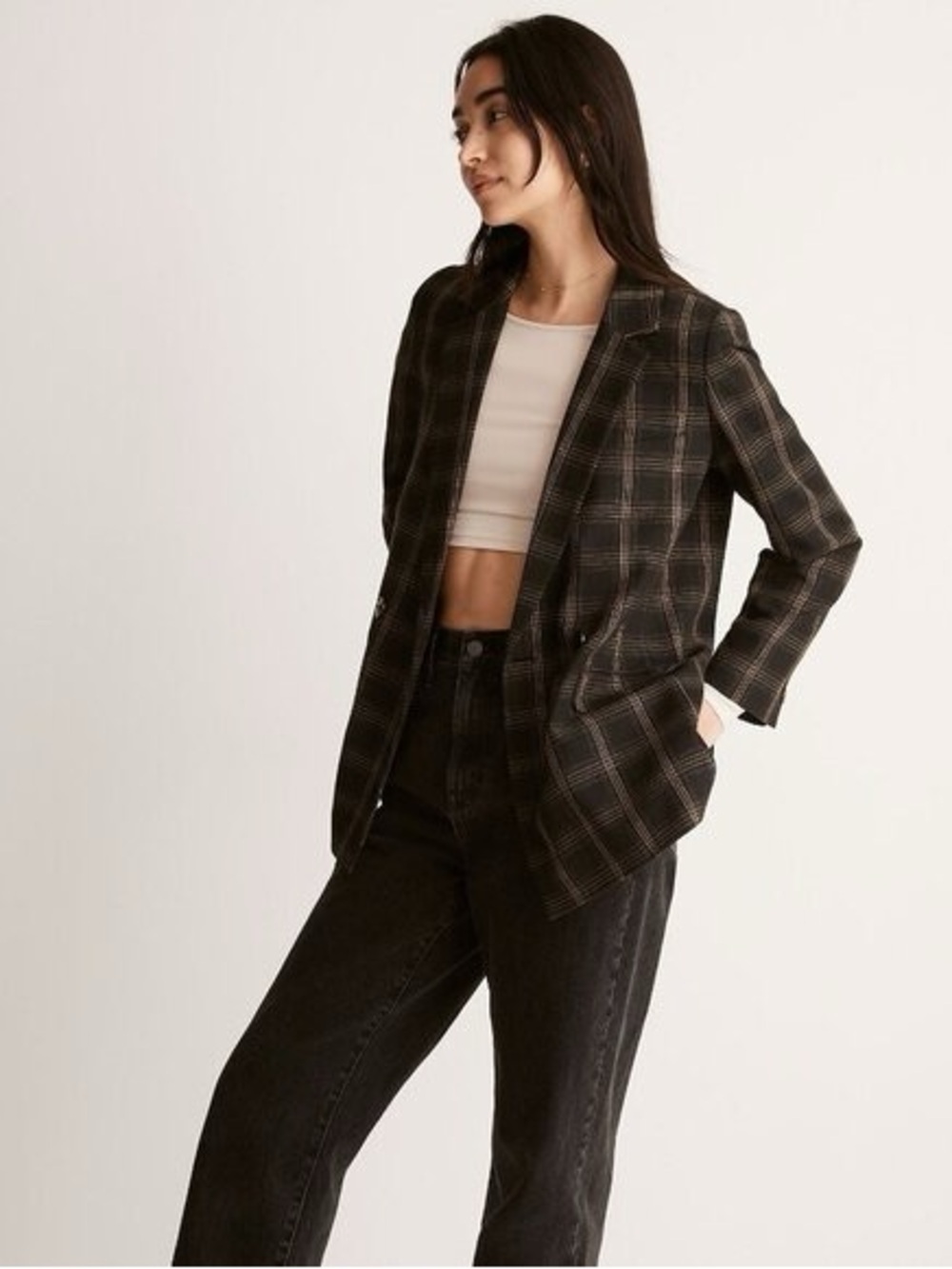 Madewell Plaid Blazer Black Brown large lined casual two front buttons casual